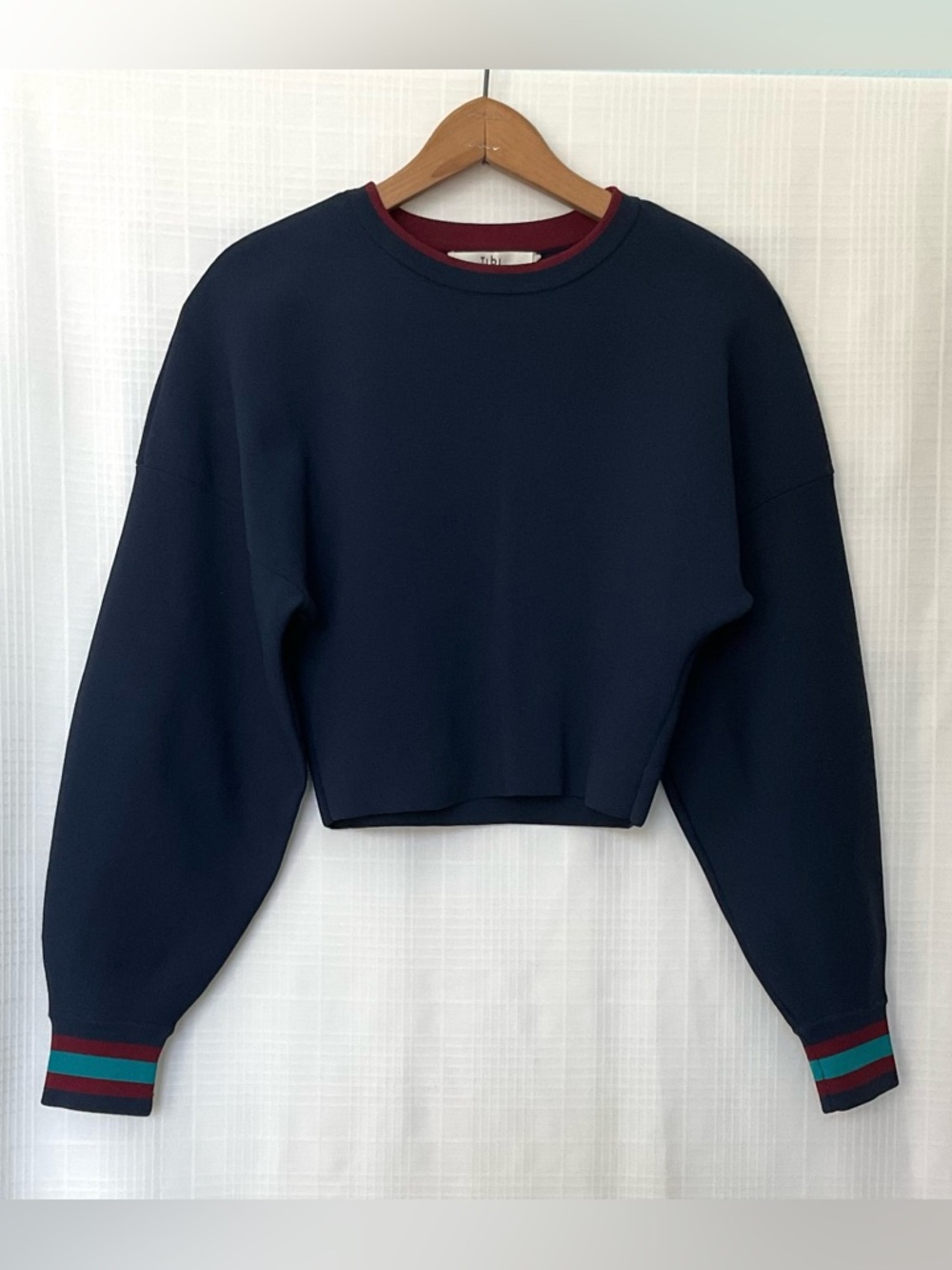Tibi Navy Crewneck Sweater with Burgundy Trim